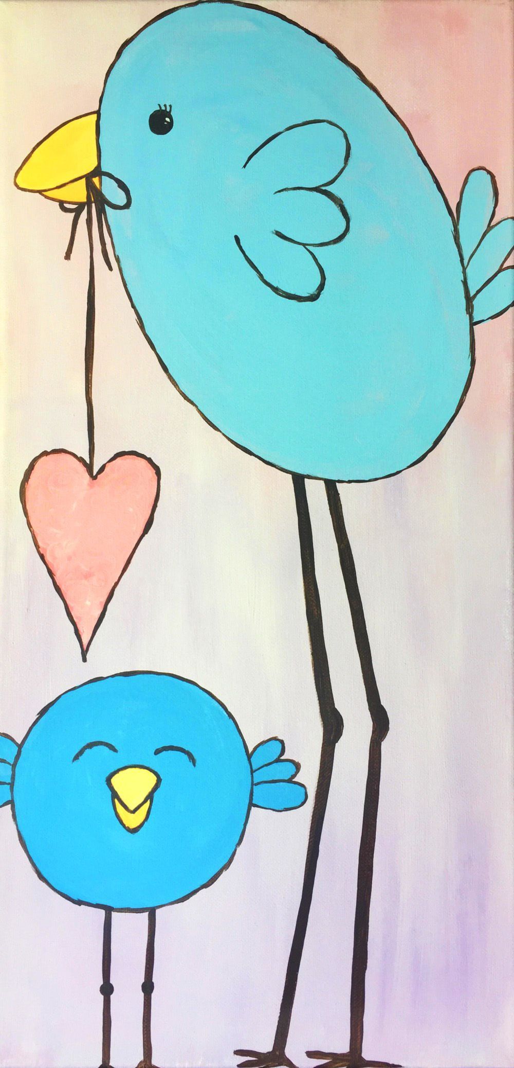 A blue bird is holding a pink heart in its beak