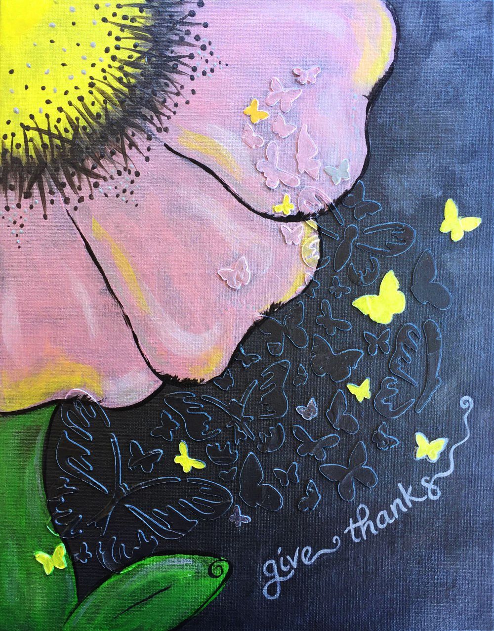 A painting of a flower with butterflies and the words give thanks