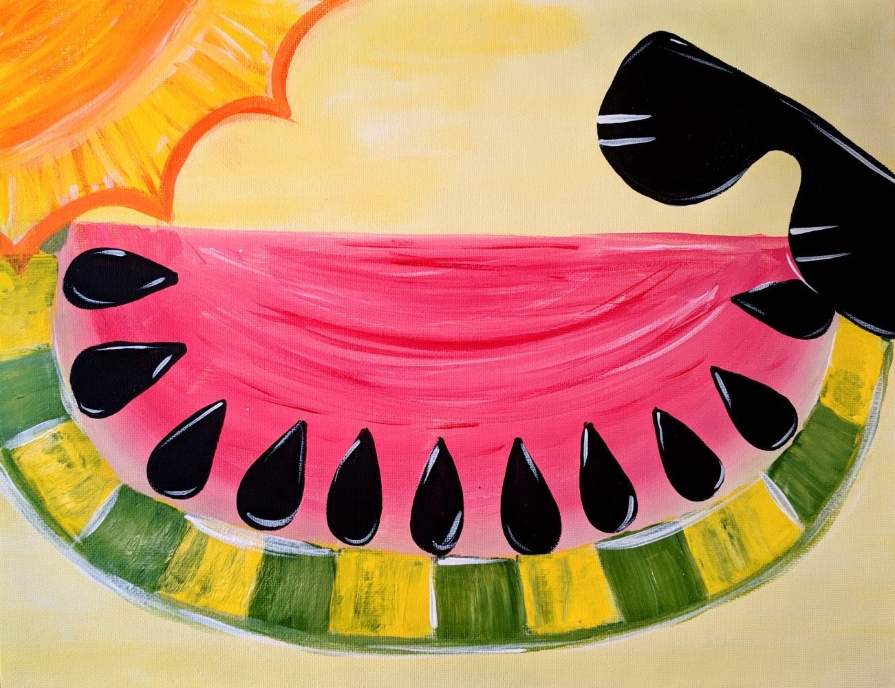 A painting of a watermelon with sunglasses on it