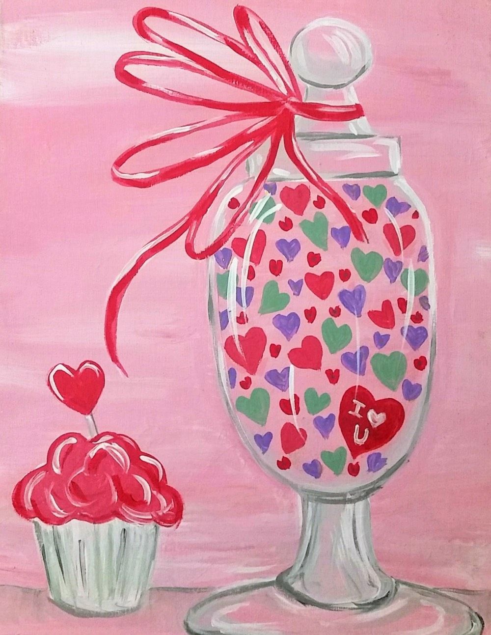 A painting of a jar filled with hearts and a cupcake