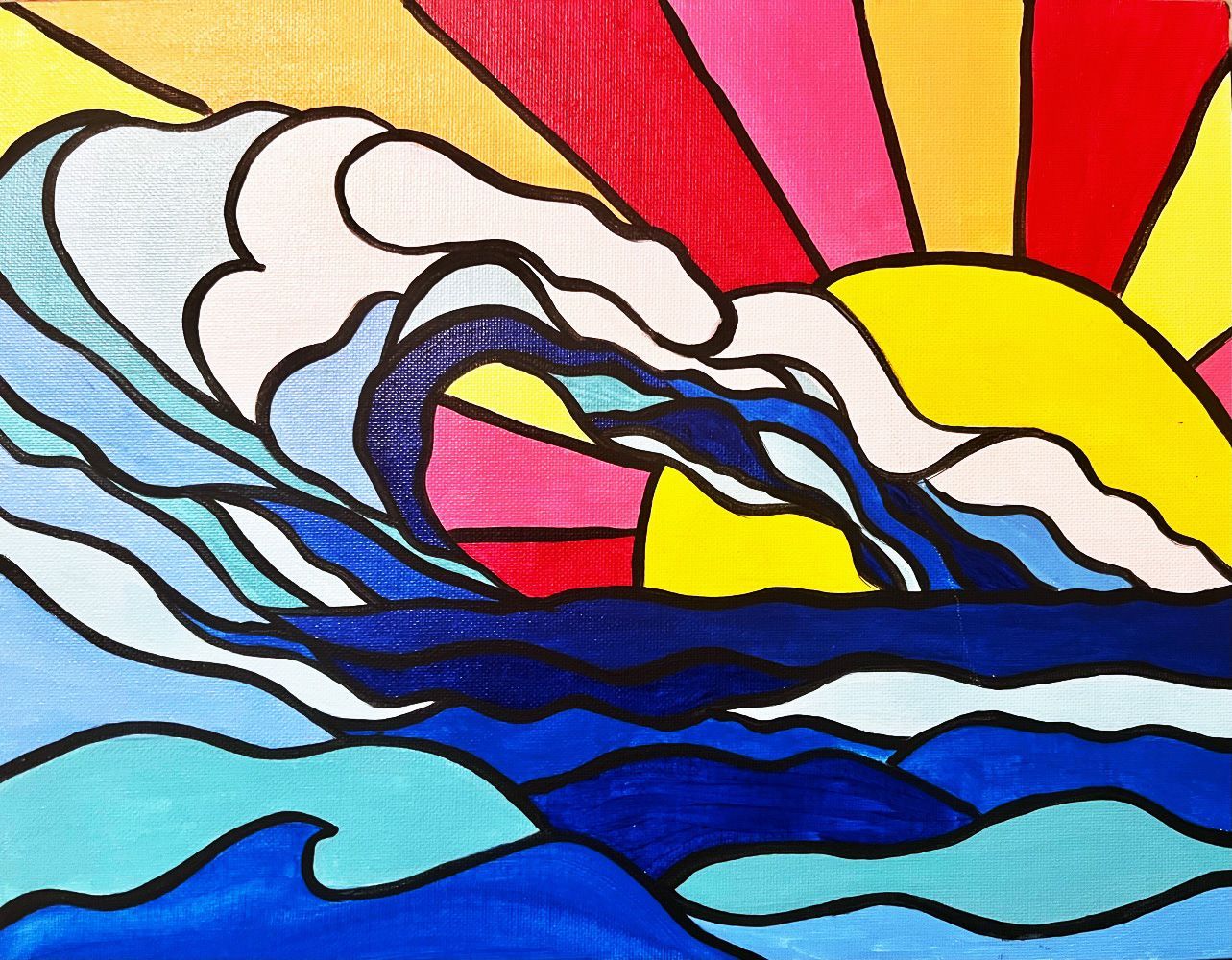 A painting of a wave in the ocean with the sun in the background