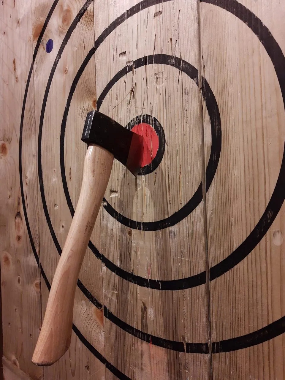 Axe embedded in the bullseye of an axe-throwing target. Wooden target has black and red concentric circles.