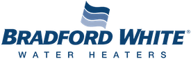 Bradford White Water Heaters logo in blue with wave icon