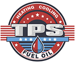 TPS heating, cooling, and fuel oil logo with red, white, and blue stripes and a flame droplet icon