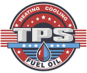 TPS heating, cooling, and fuel oil logo with red, white, and blue stripes and a flame droplet icon