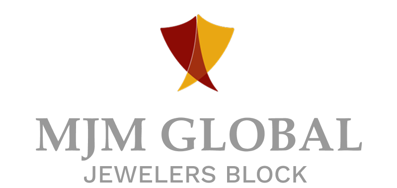MJM Global Jewelers Block logo with gray text and gold-red abstract emblem
