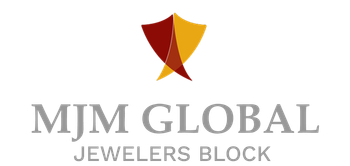 MJM Global Jewelers Block logo with gray text and gold-red abstract emblem