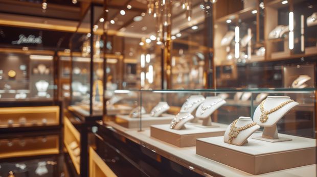 Luxury watch display in a glass-front jewelry store with illuminated watches on white stands