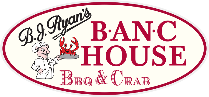 Logo for B.J. Ryan's BANC House, featuring a cartoon chef holding a crab on a platter, text in red on a white oval.