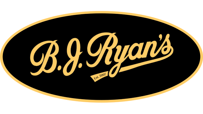 The logo for B.J. Ryan's with gold cursive text on a black oval background.
