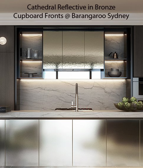 Modern kitchen with bronze reflective cabinet fronts, stone backsplash, sink, and open shelving under warm lighting