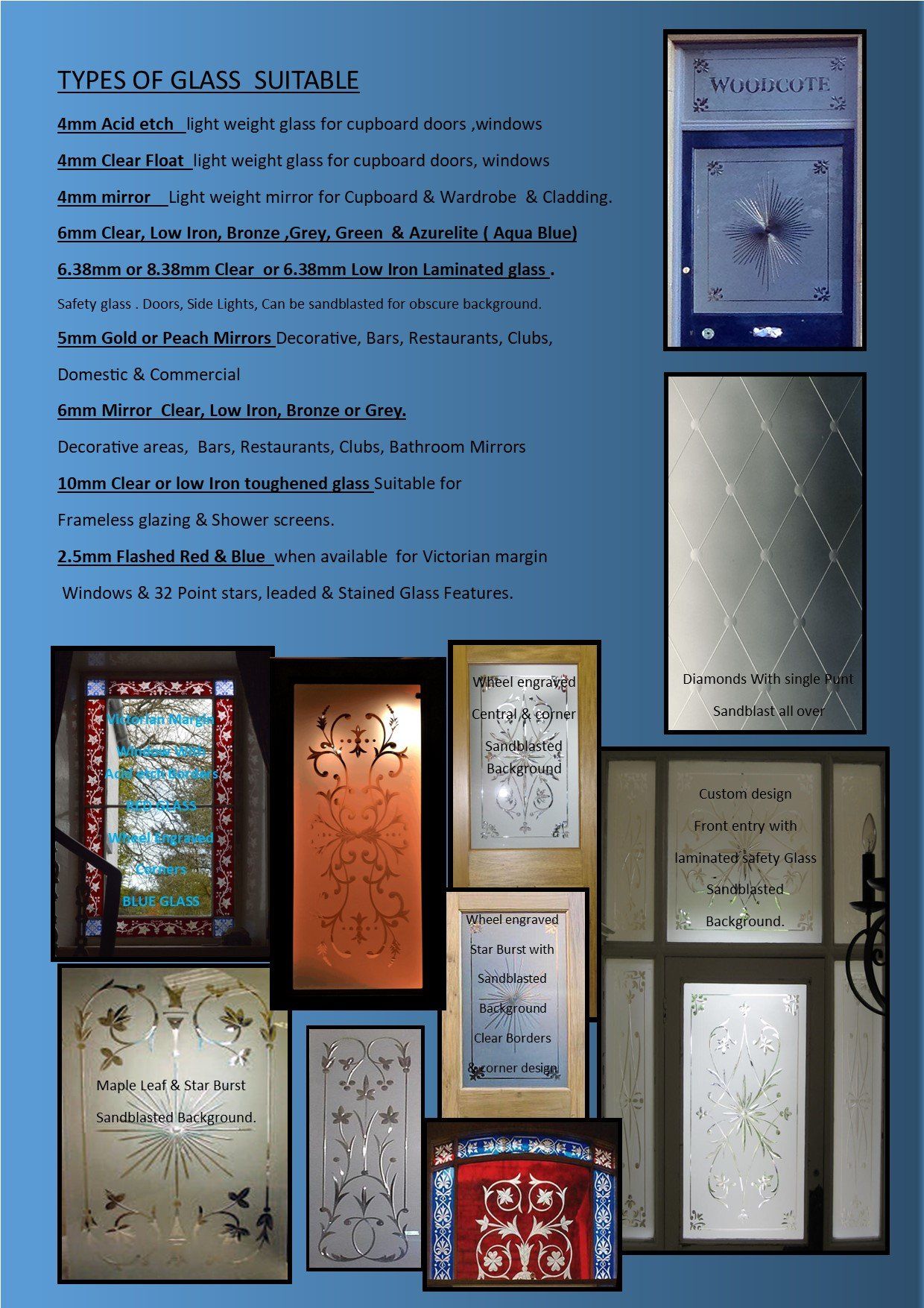 Collage of church stained-glass and memorial plaques on a blue background with headings and text