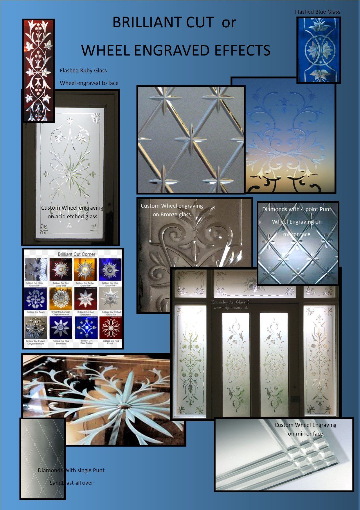 Collage of decorative glass and metal patterns, with “Brilliant cut or wheel engraved effects” text.
