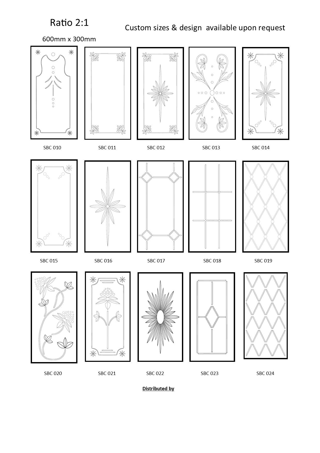 Grid of 15 tall tile designs with floral, geometric, and sunburst line patterns in black and white