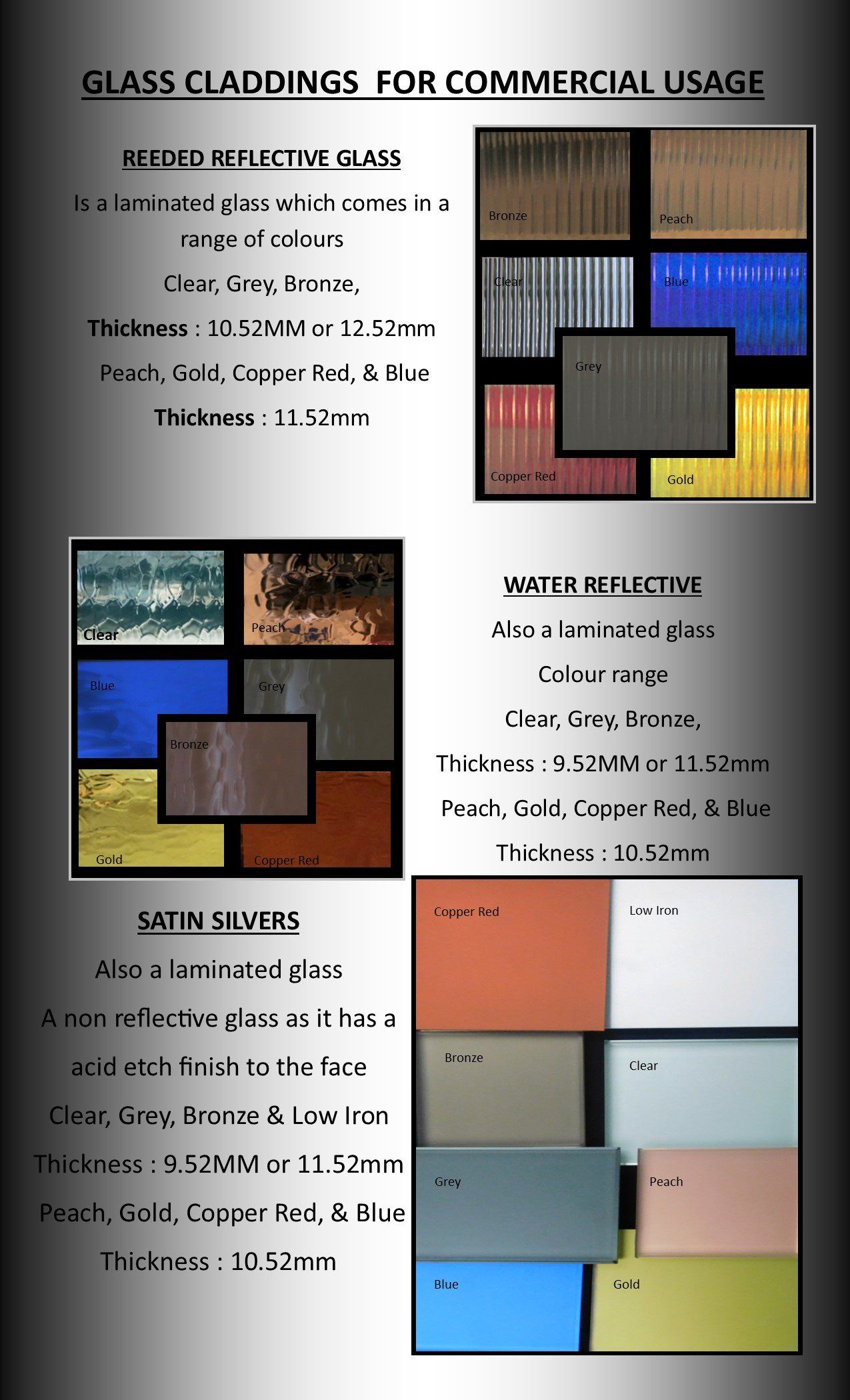 Glass-cladding color samples and panel layouts in a promotional collage.