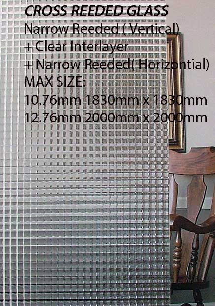 Cross-reeded glass panel with text listing narrow reed patterns and maximum sizes