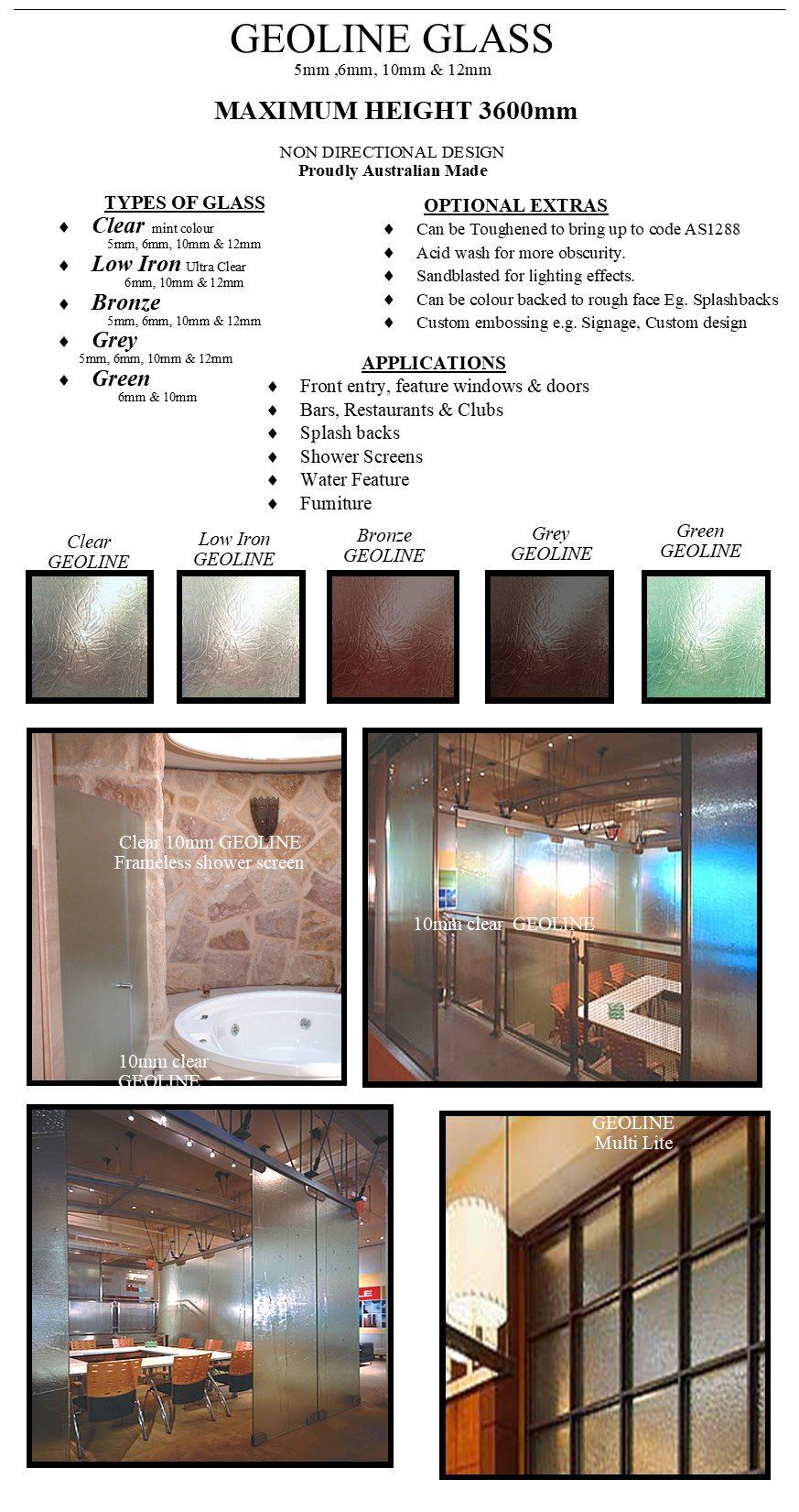 Brochure page for green glass and interior design samples with product photos and swatches