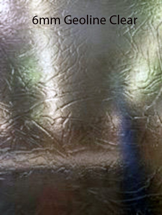 Textured clear glass panel with “6mm Geoline Clear” label and faint reflections