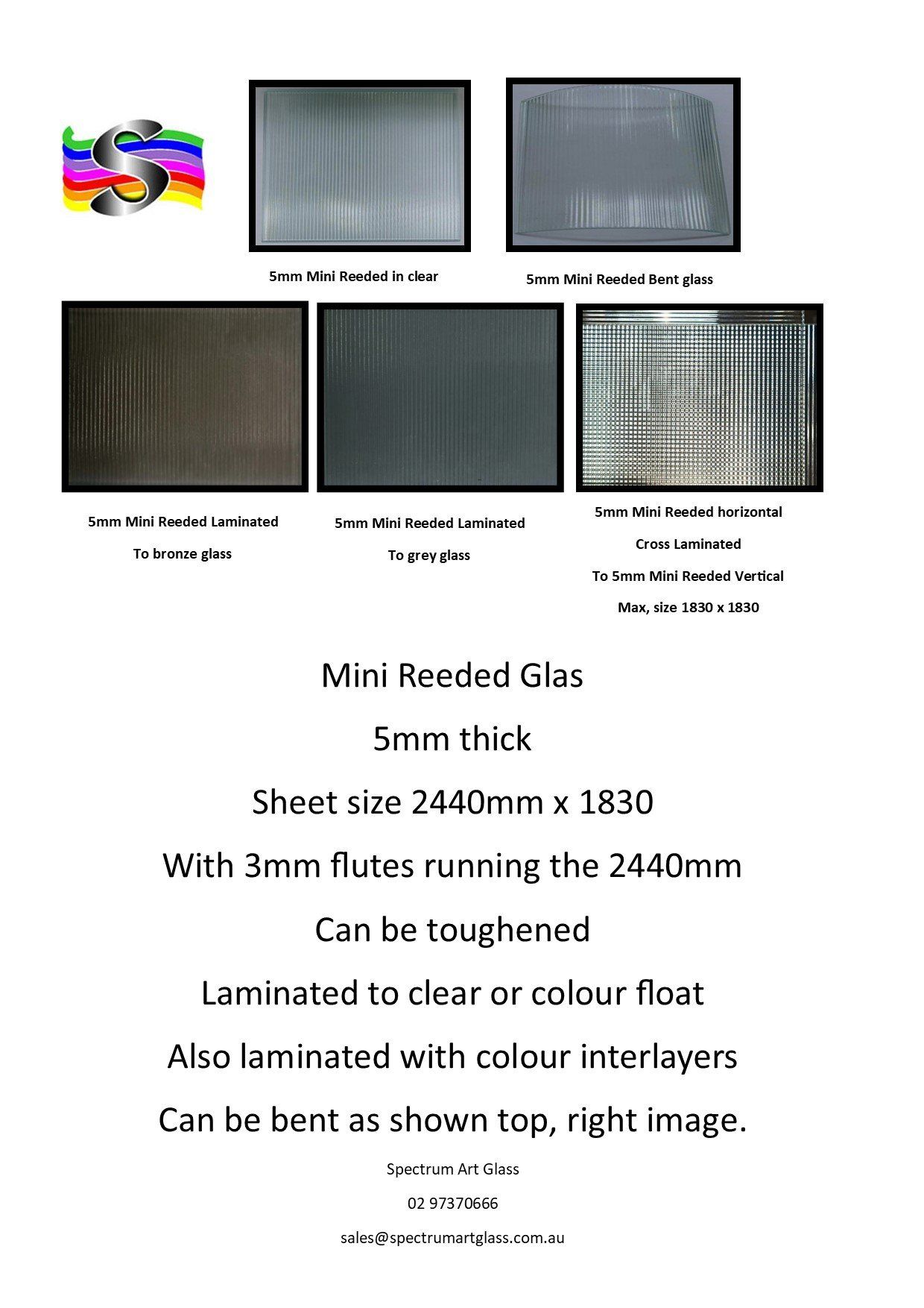Brochure for mini reeded glass panels in gray tones, showing sample textures and product specs.