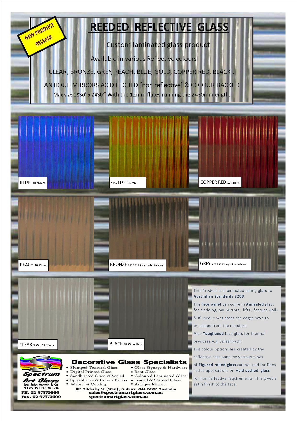 Poster showing red decorative reflective glass samples in blue, amber, red, tan, and gray color variations