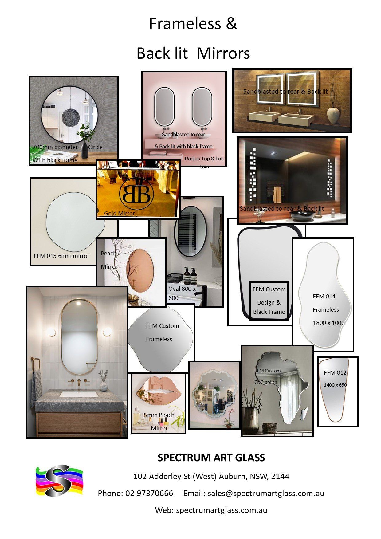 Collage of frameless and backlit wall mirrors in various shapes and styles, with decorative room settings