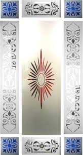 Decorative frosted glass panel with blue corner tiles and a red sunburst design in the center
