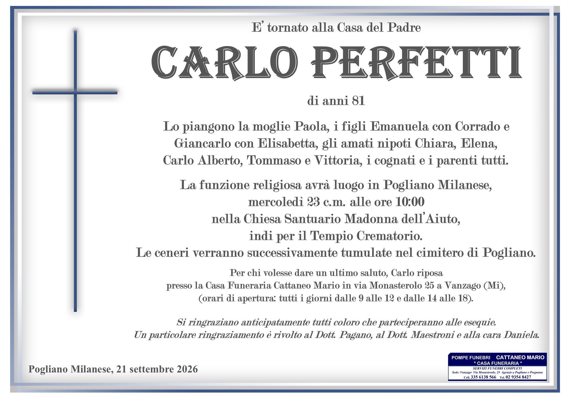 necrologio Carlo Perfetti