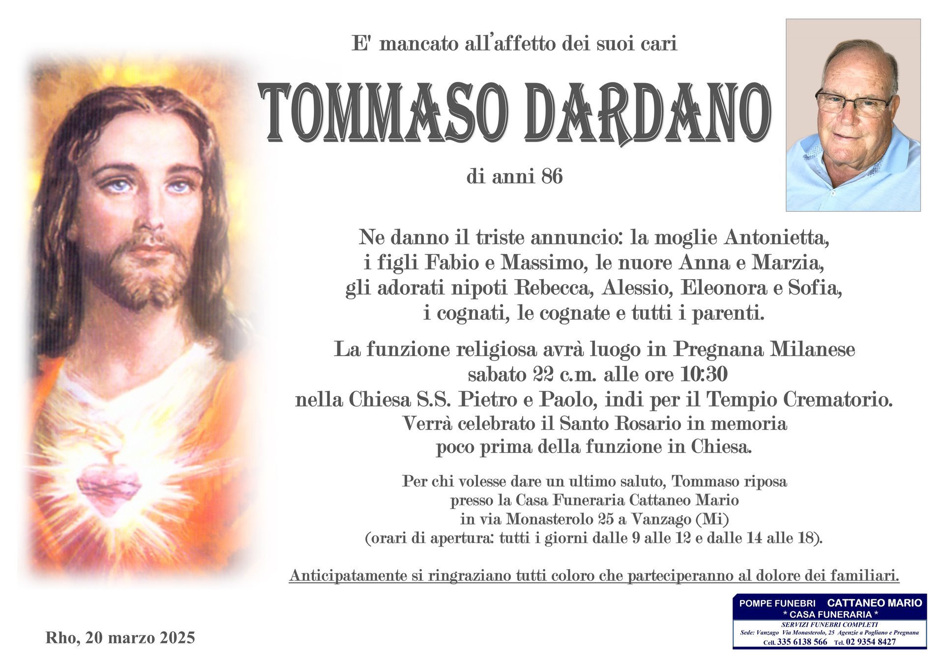 necrologio Tommaso Dardano