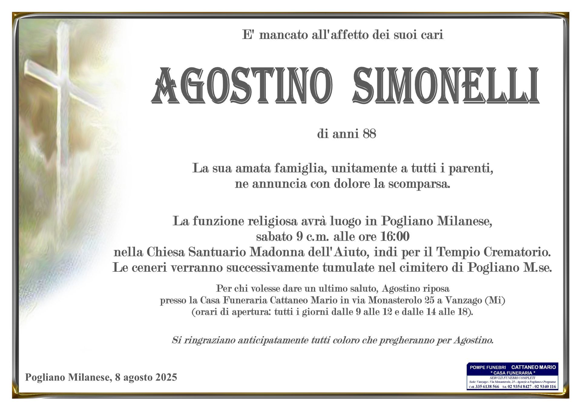 necrologio Agostino Simonelli