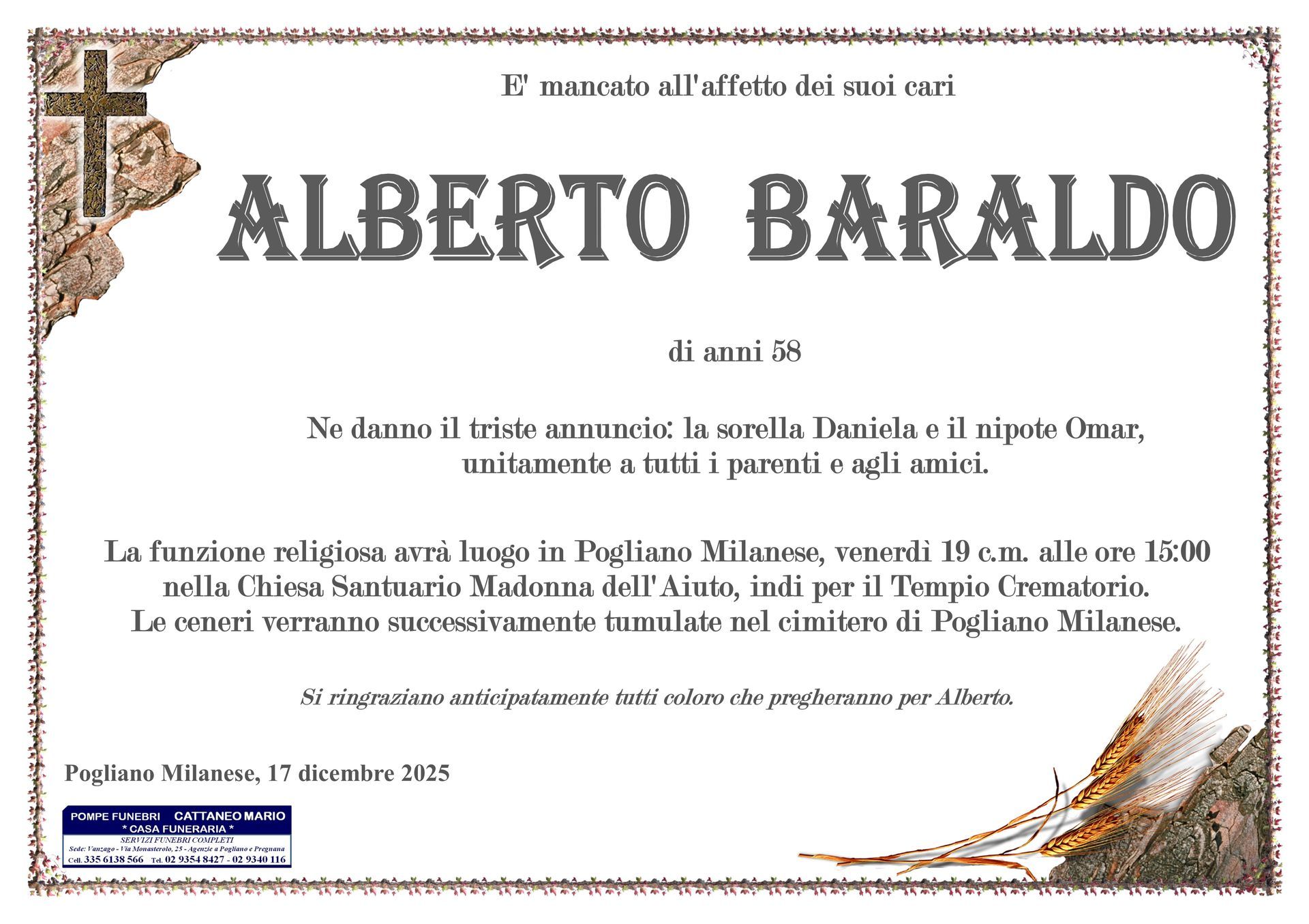 necrologio Alberto Baraldo