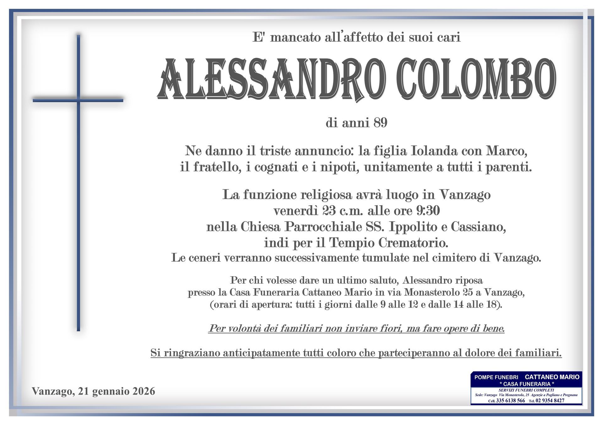 necrologio Alessandro Colombo