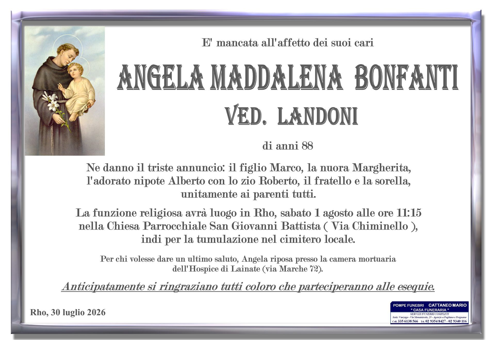necrologio Angela Maddalena Bonfanti