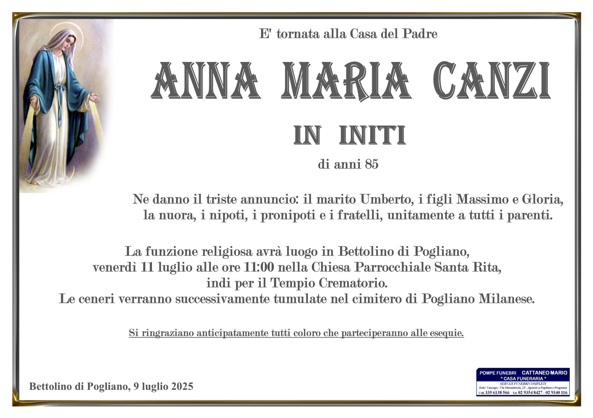 necrologio Anna Maria Canzi