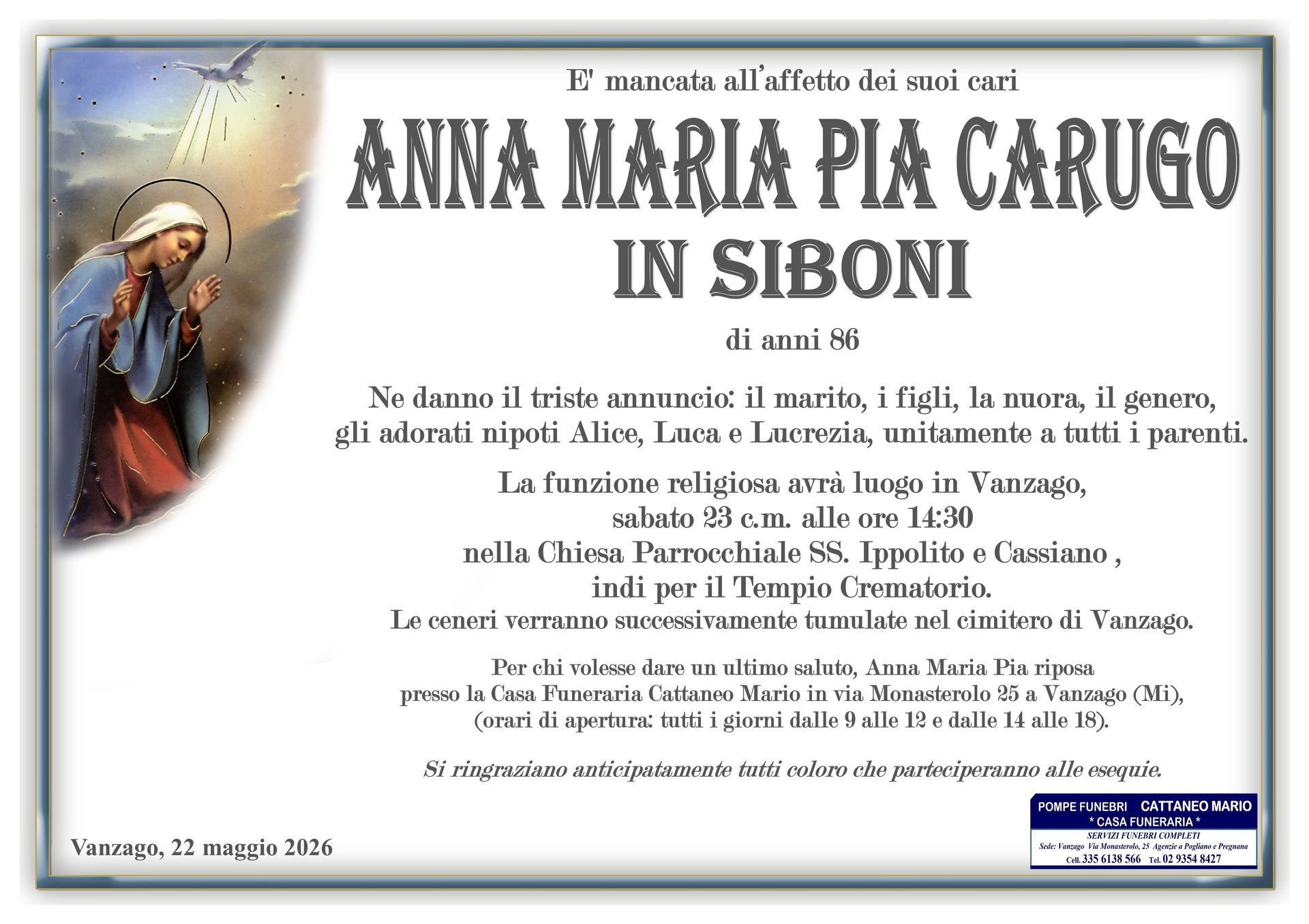 necrologio Anna Maria Pia Carugo