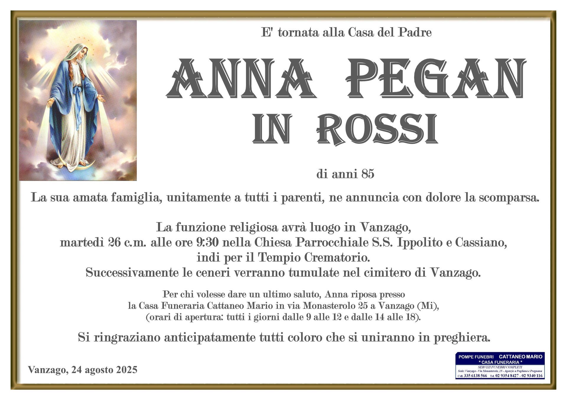 necrologio Anna Pegan