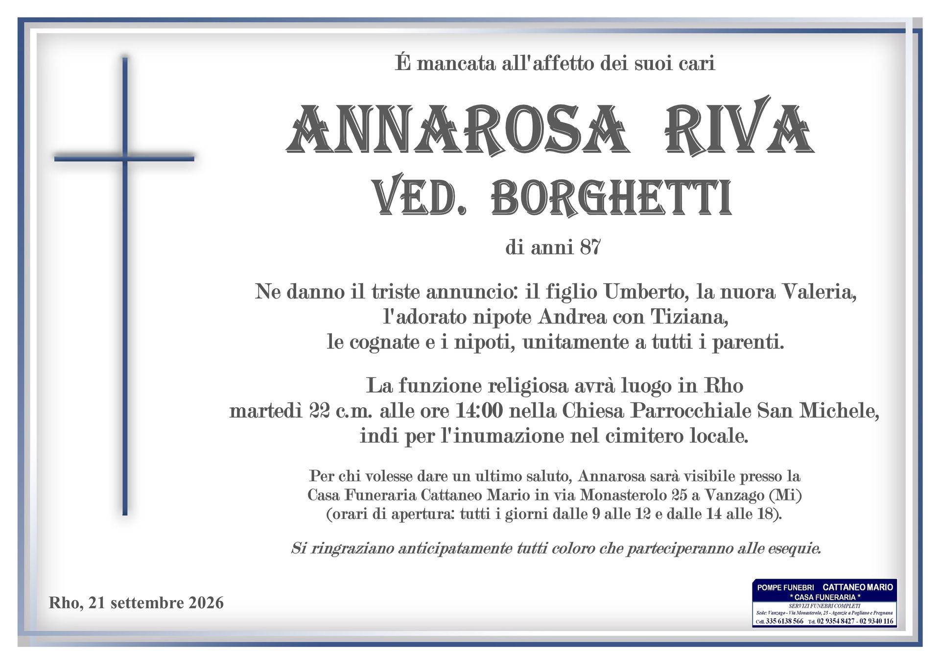 necrologio Annarosa Riva