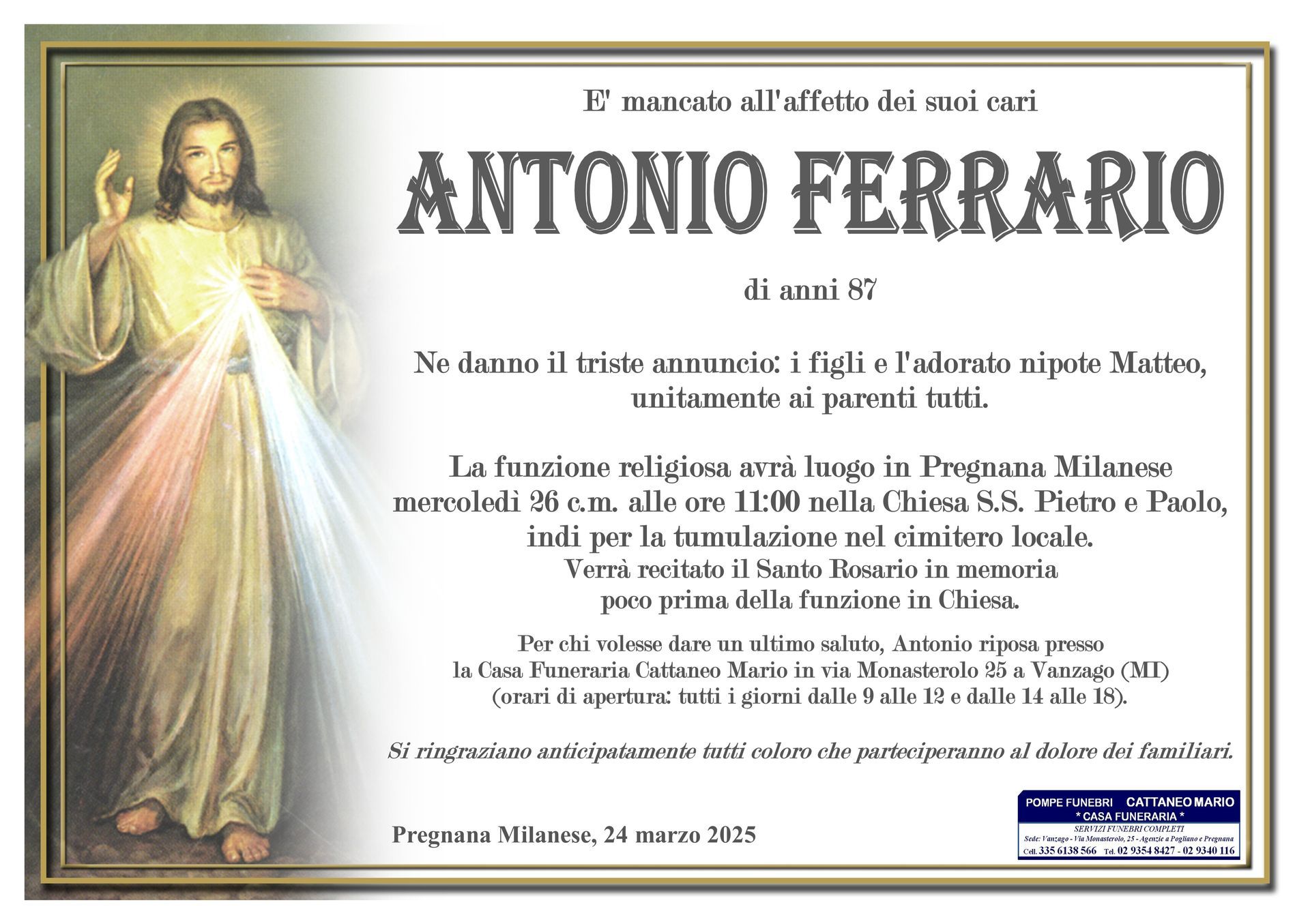 necrologio Antonio Ferrario