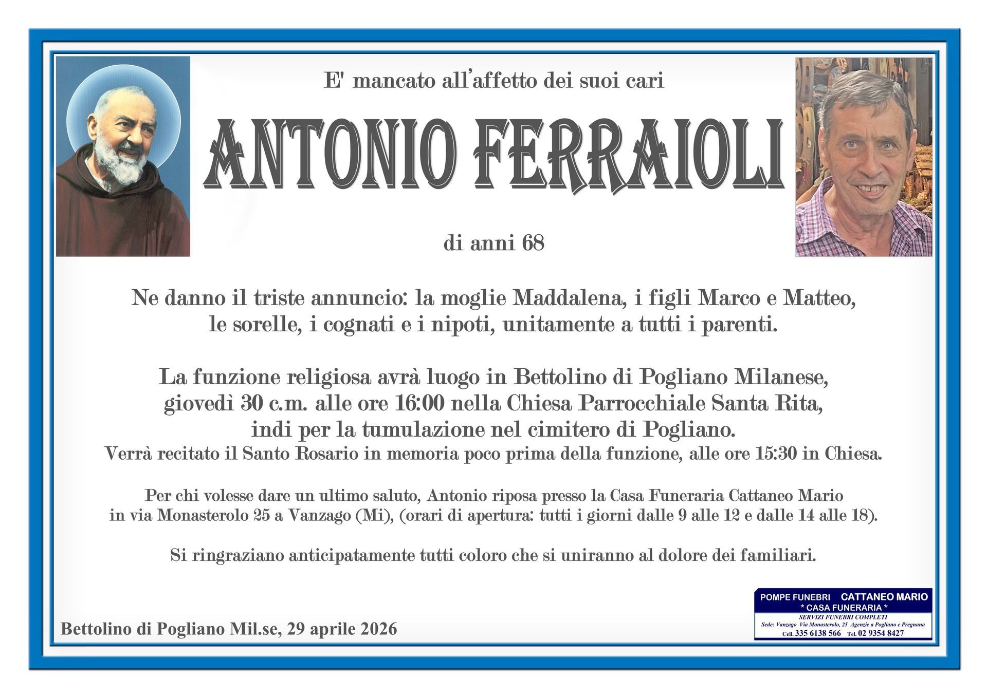 necrologio Antonio Ferraioli