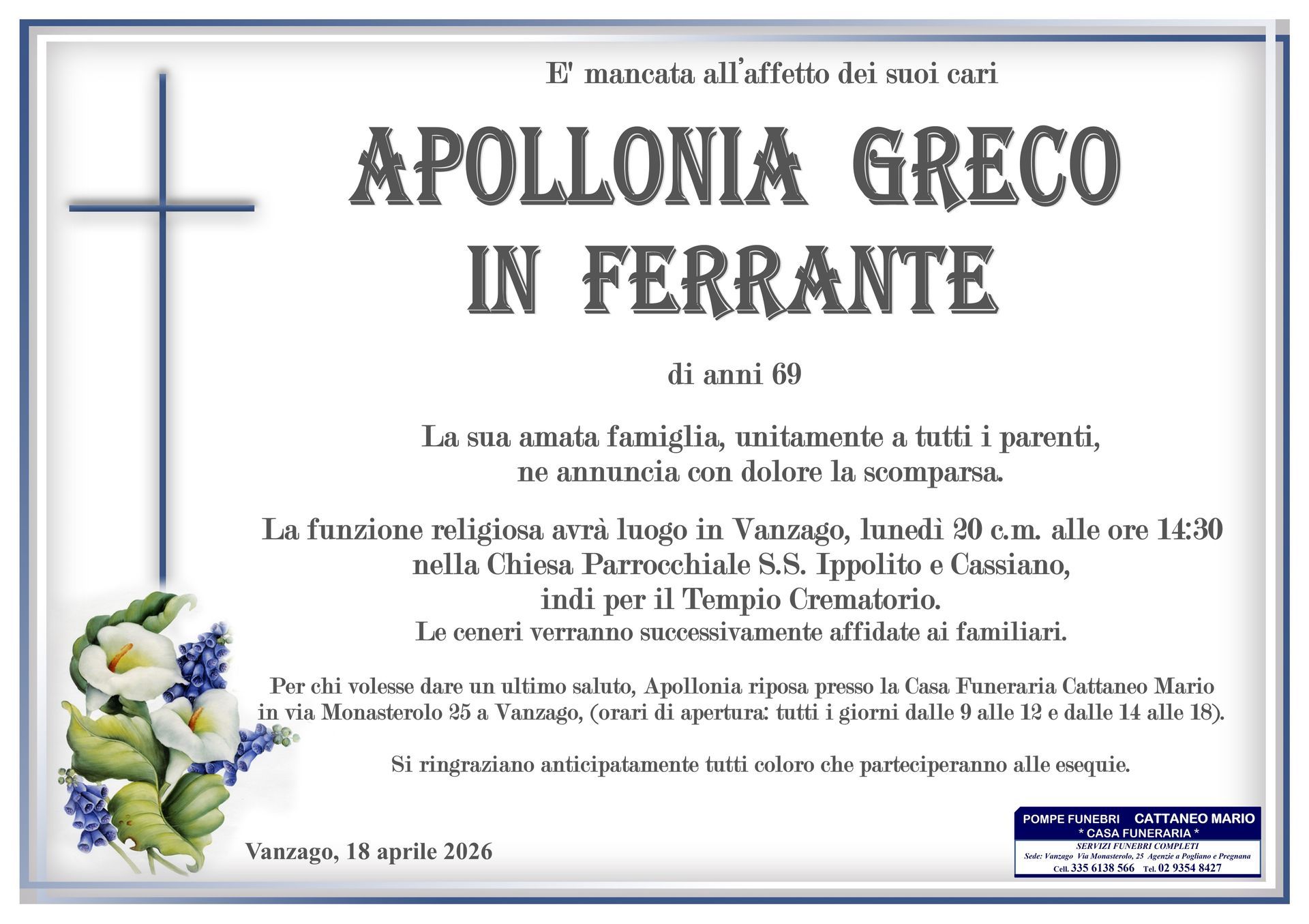 necrologio Apollonia Greco