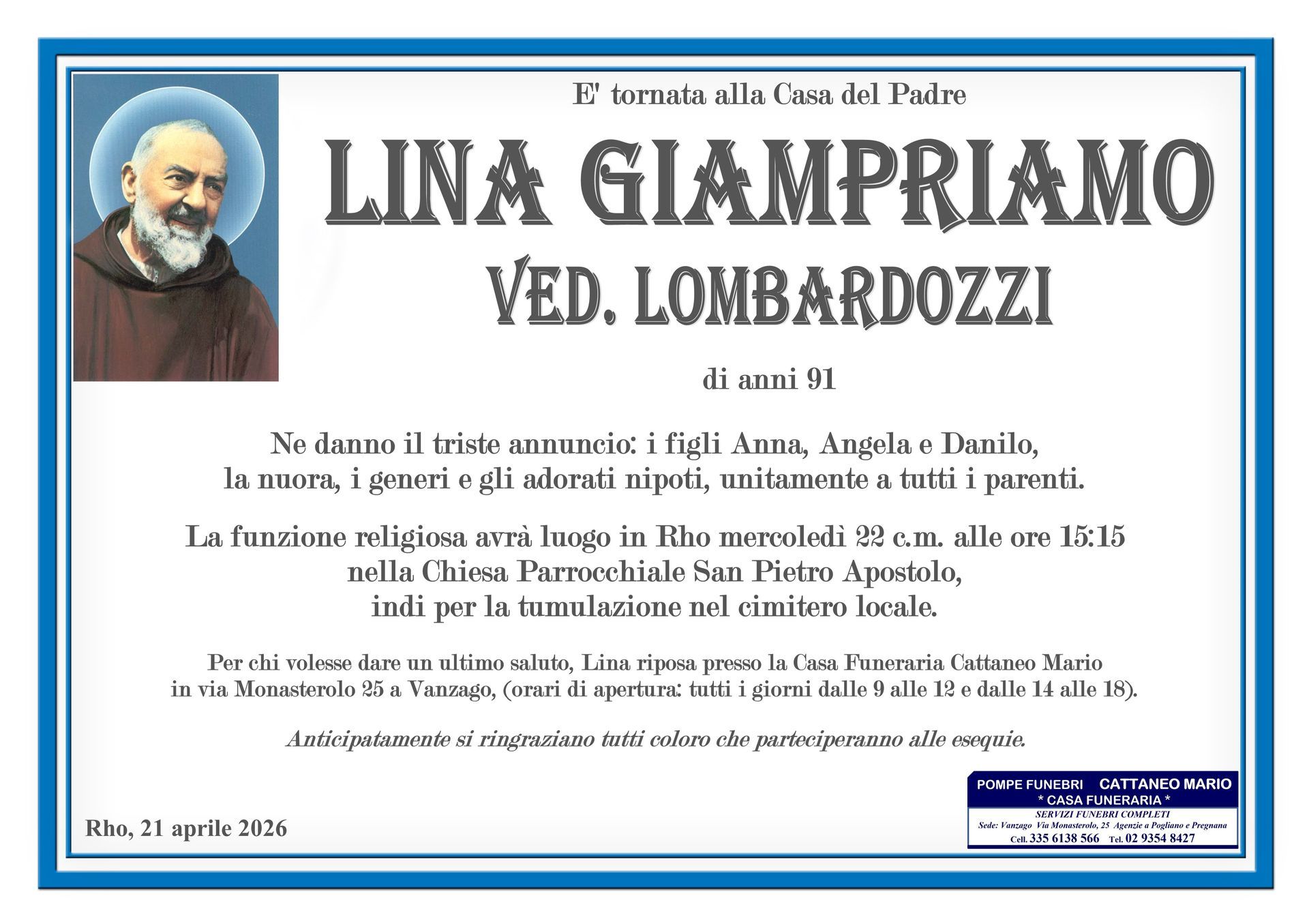 necrologio Lina Giampriamo