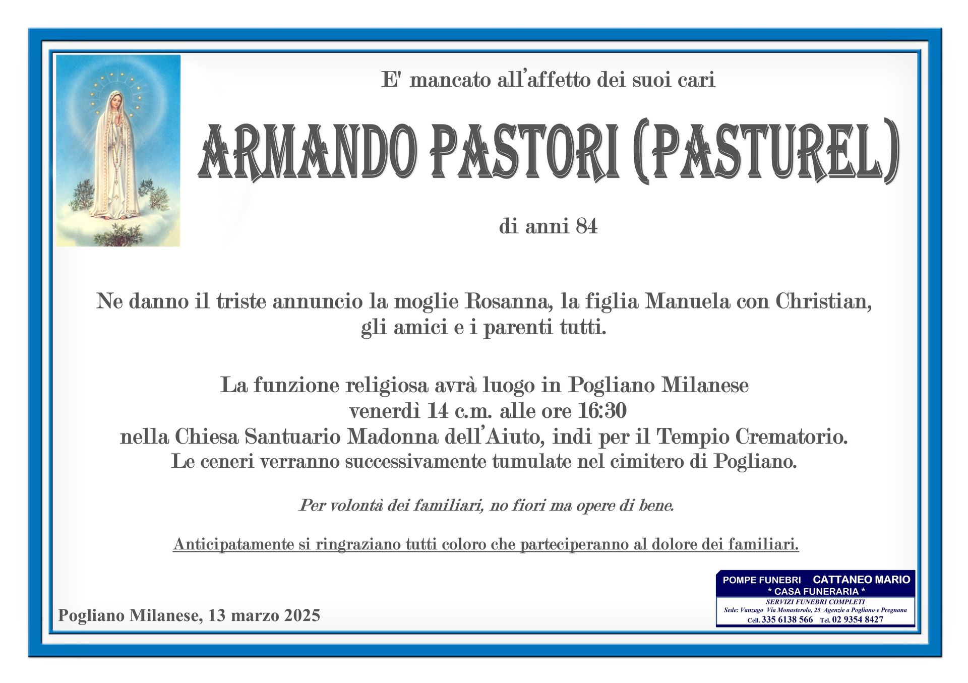 necrologio Armando Pastori (Pasturel)