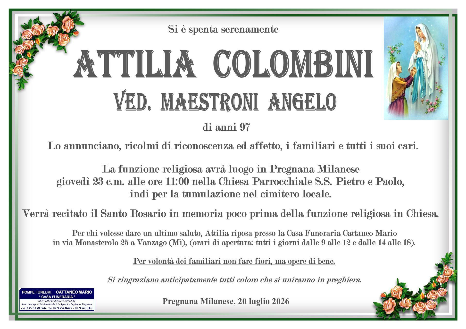 necrologio Attilia Colombini