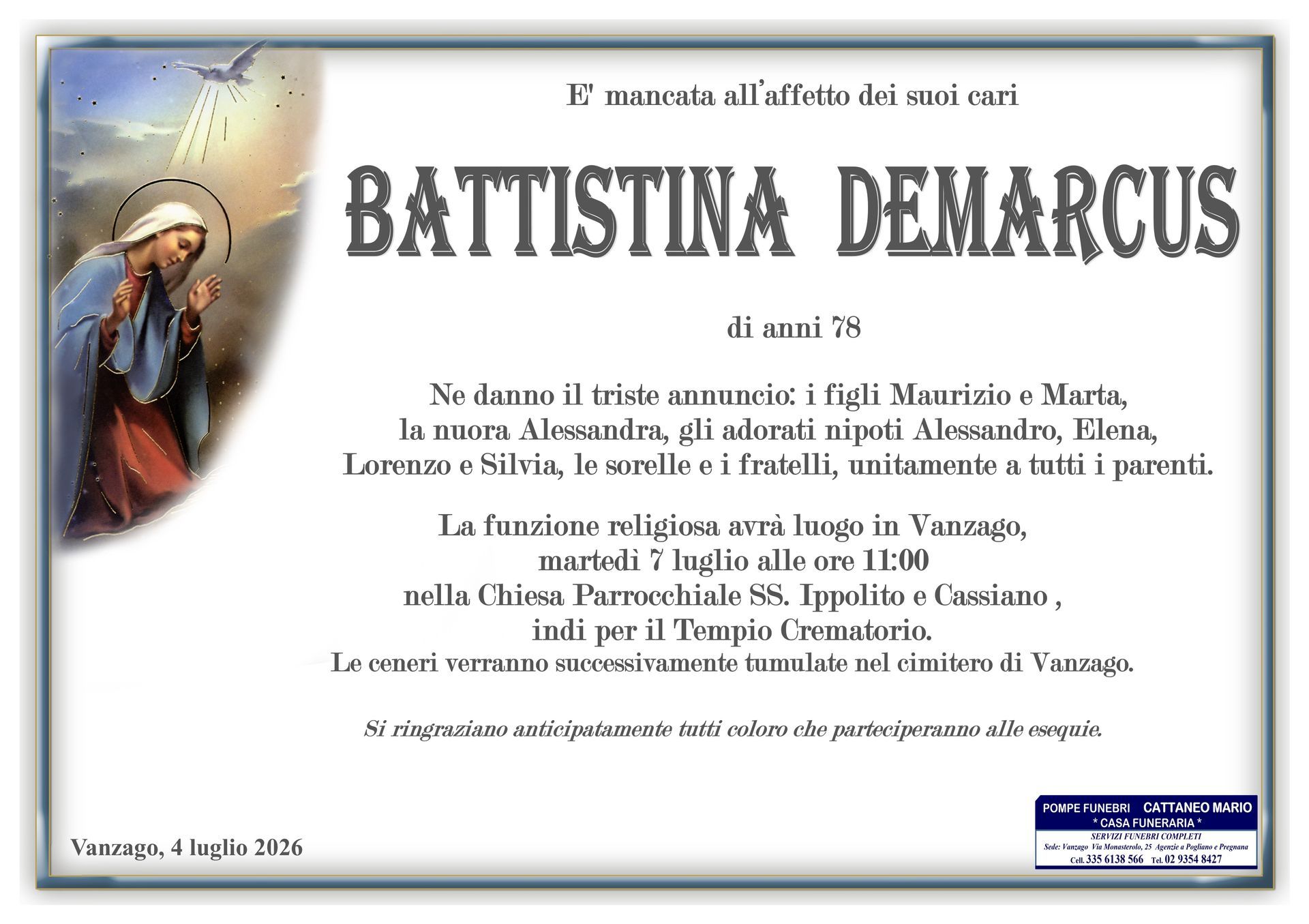 necrologio Battistina Demarcus