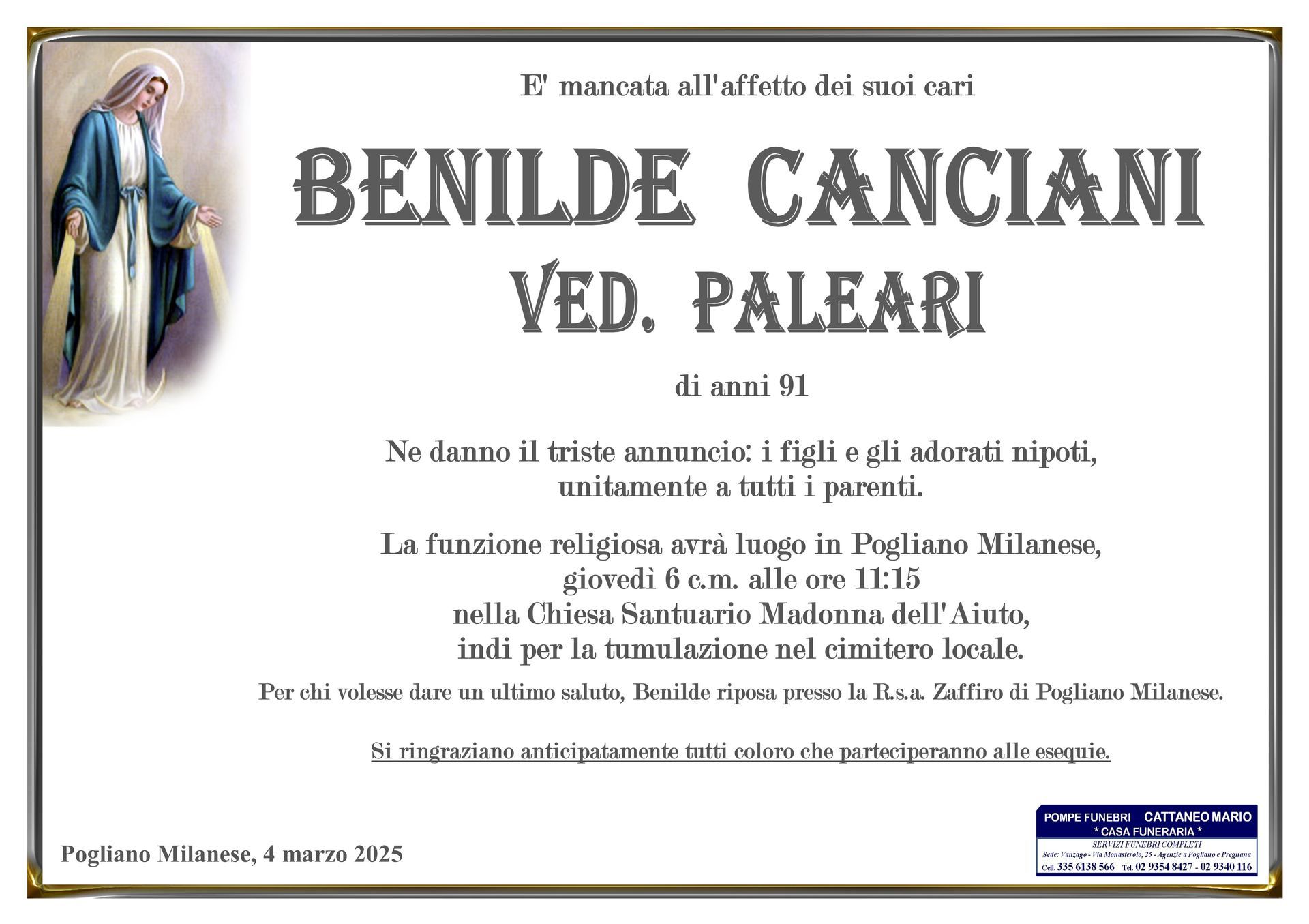 necrologio Benilde Canciani