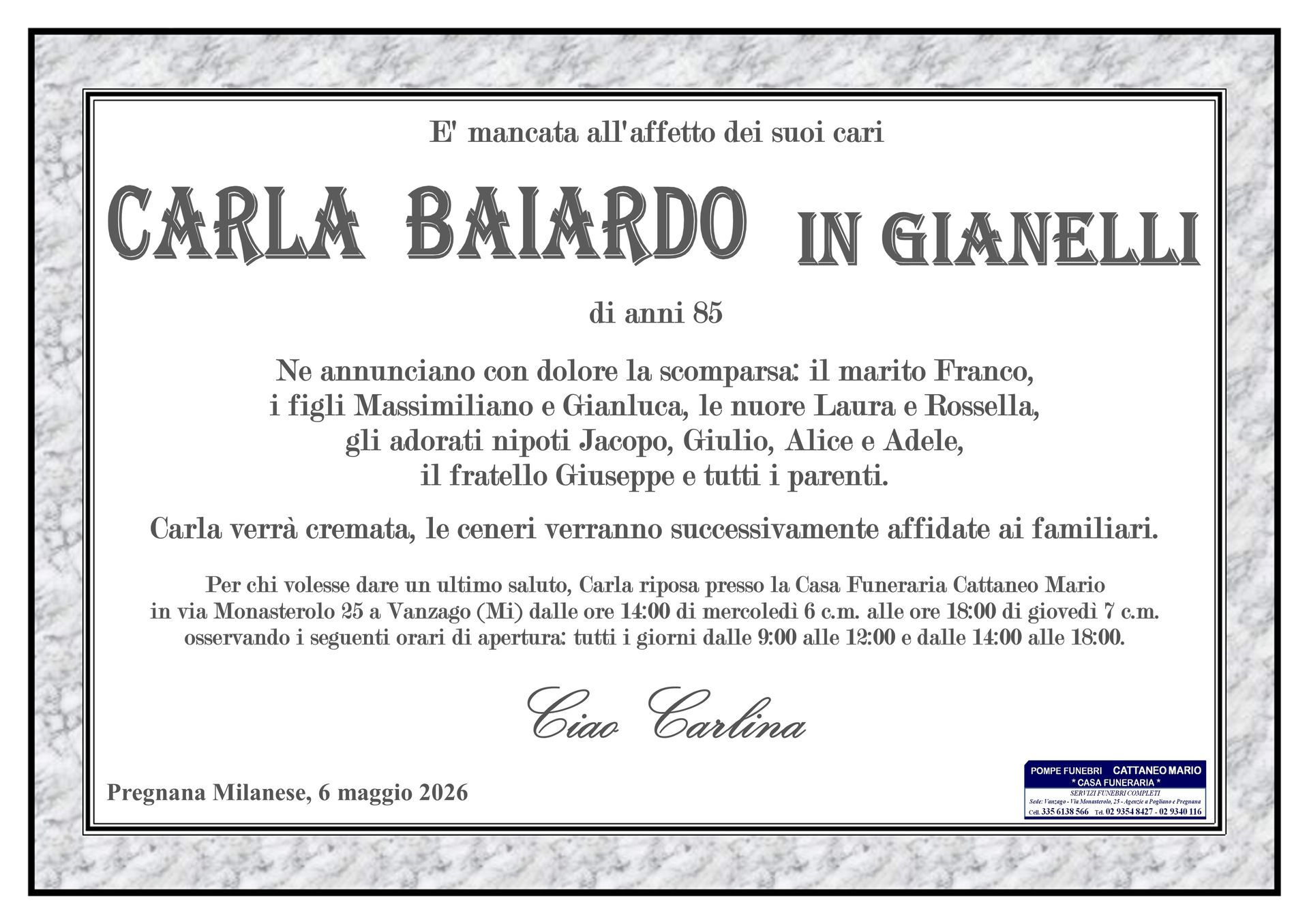 necrologio Carla Baiardo