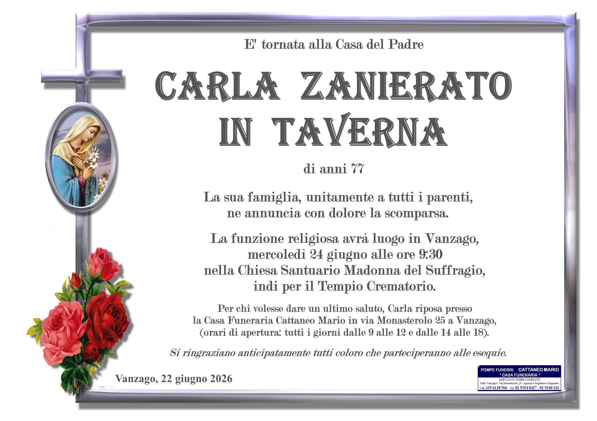necrologio Carla Zanierato