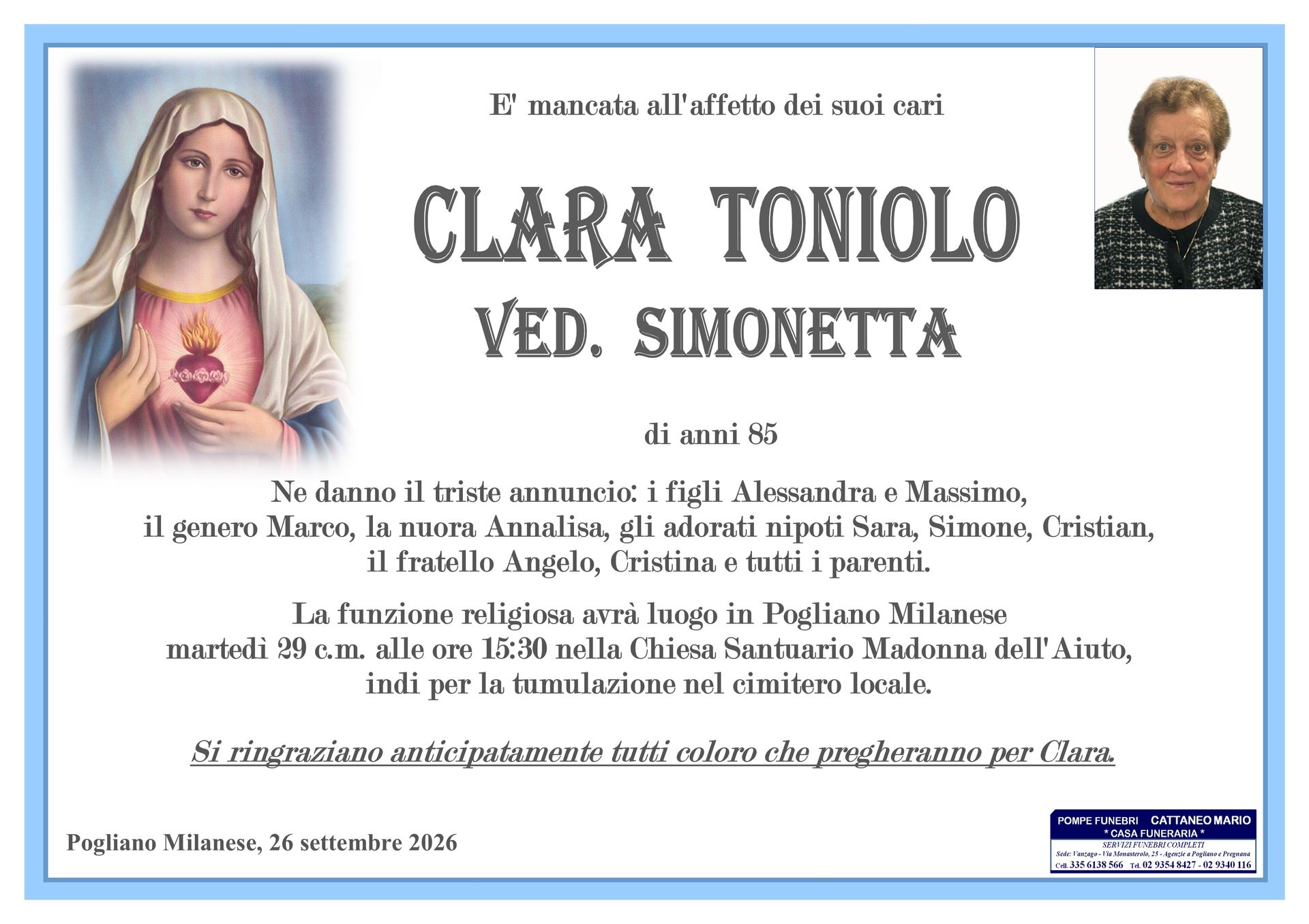 necrologio Clara Toniolo