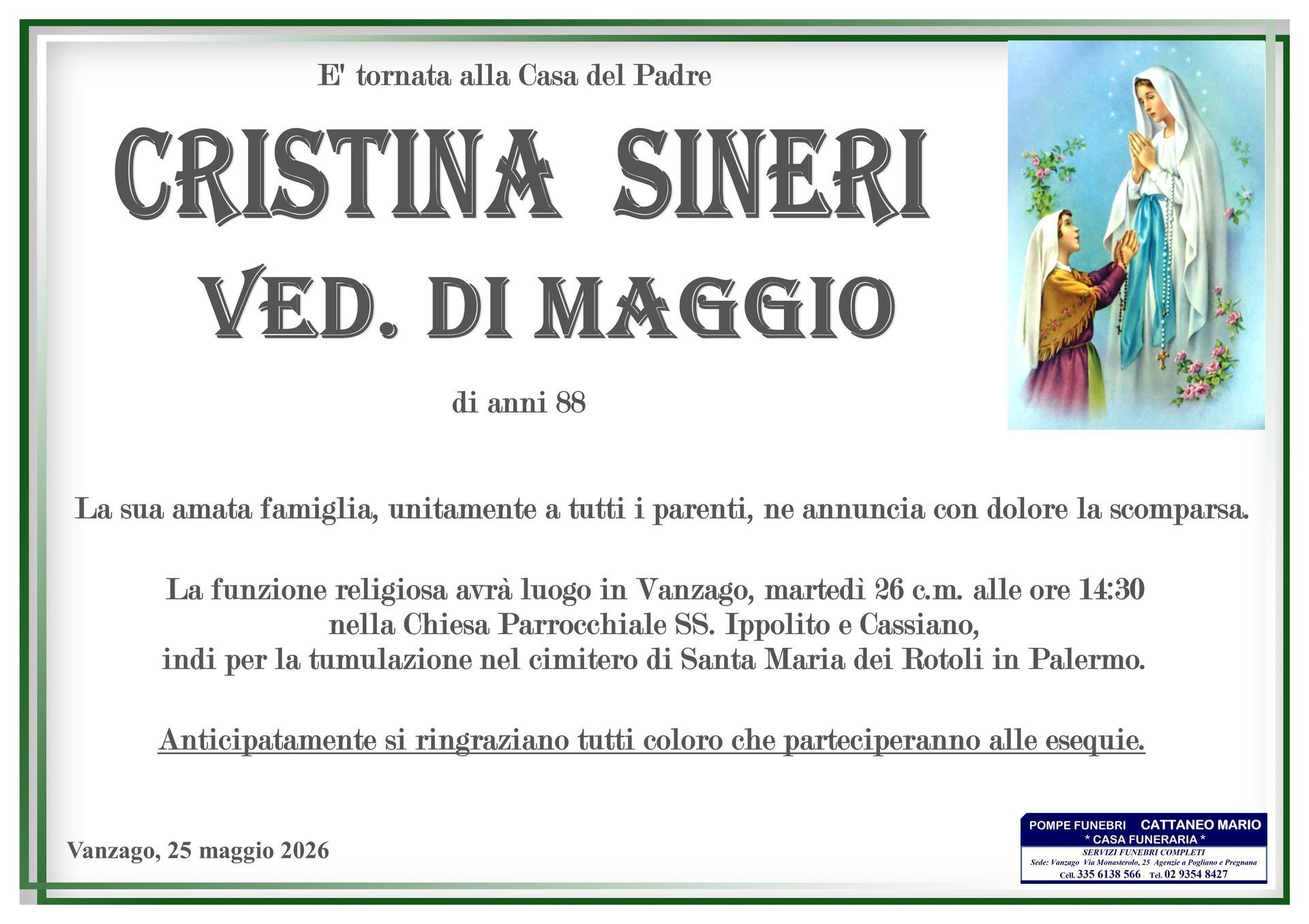 necrologio Cristina Sineri