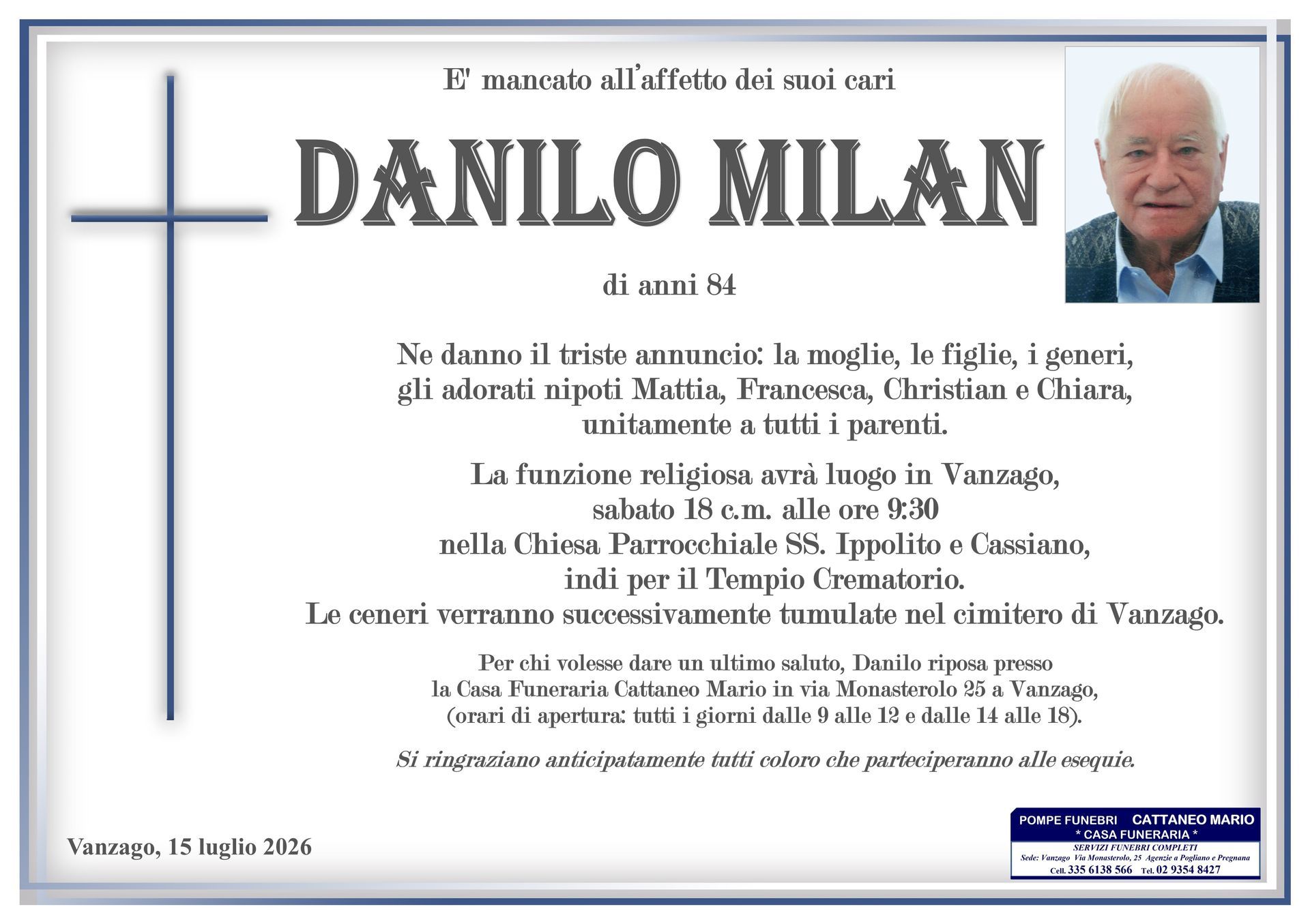 necrologio Danilo Milan