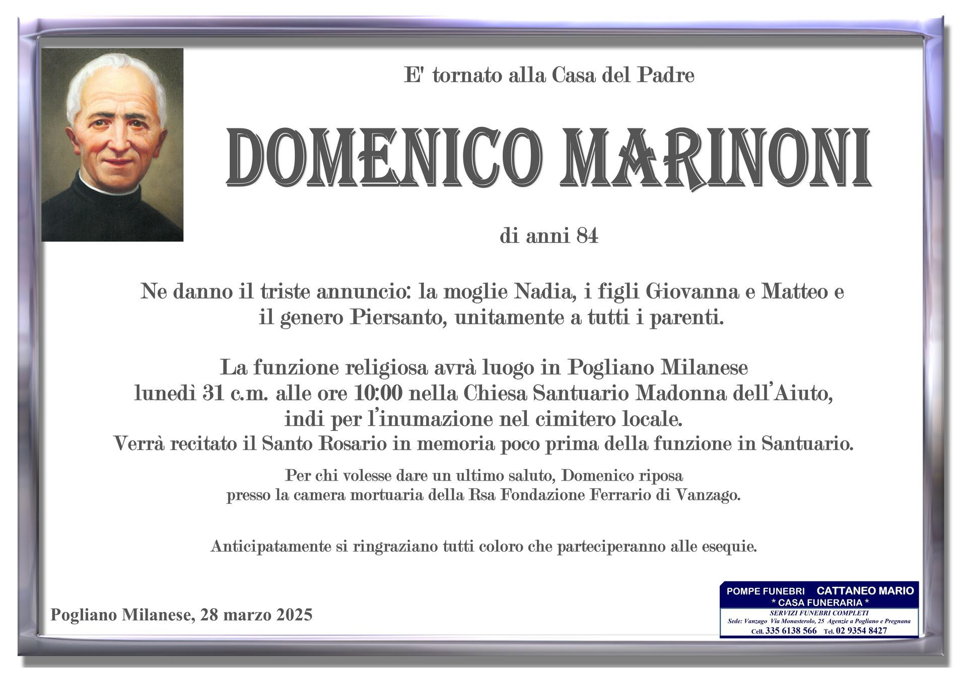 necrologio Domenico Marinoni